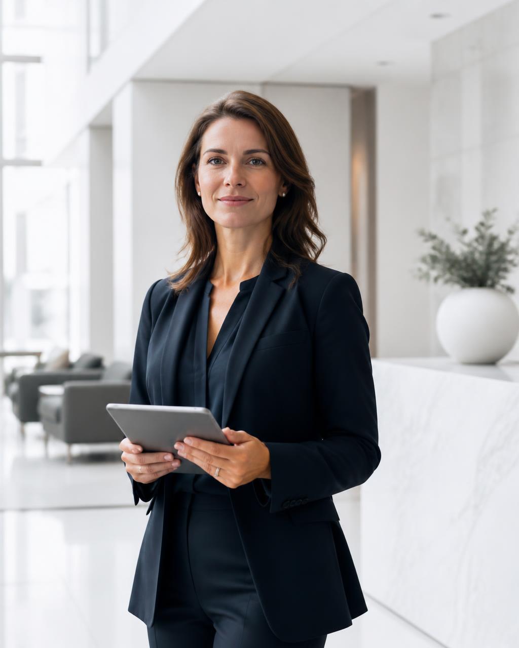 Executiva com tablet em recepção de escritório corporativo